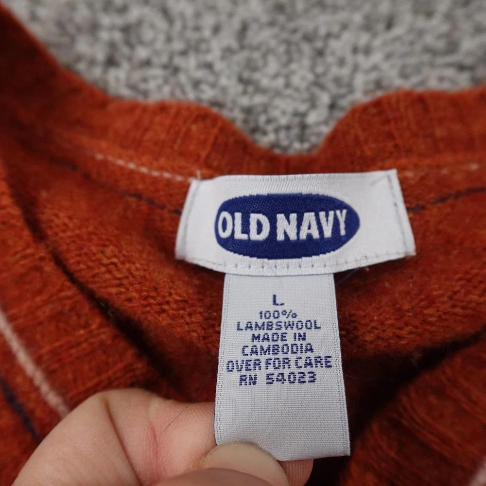 VTG Old Navy Sweater Mens L Orange Lambswool V Neck Knit Pullover 90s Y2K‎